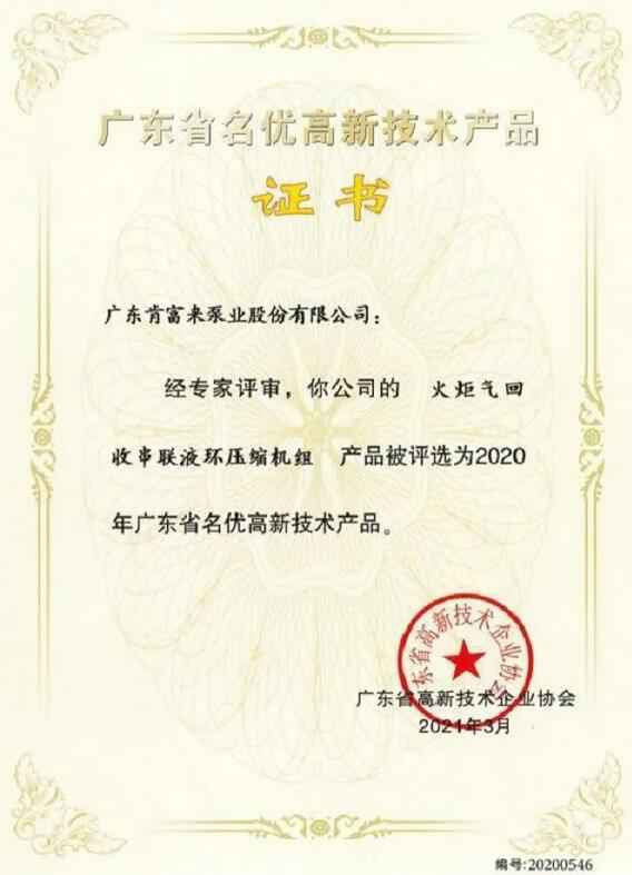 青岛毕昊公共设施维护有限公司火炬气回收串联液环压缩机组被评选为2020年广东省名优高新技术证书